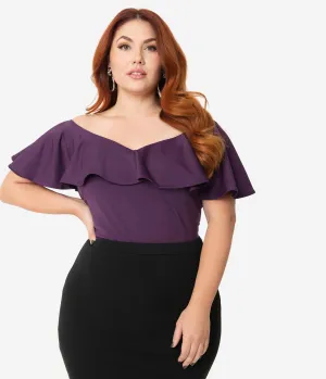 Unique Vintage Plus Size 1950s Purple Off Shoulder Ruffle Frenchie Top