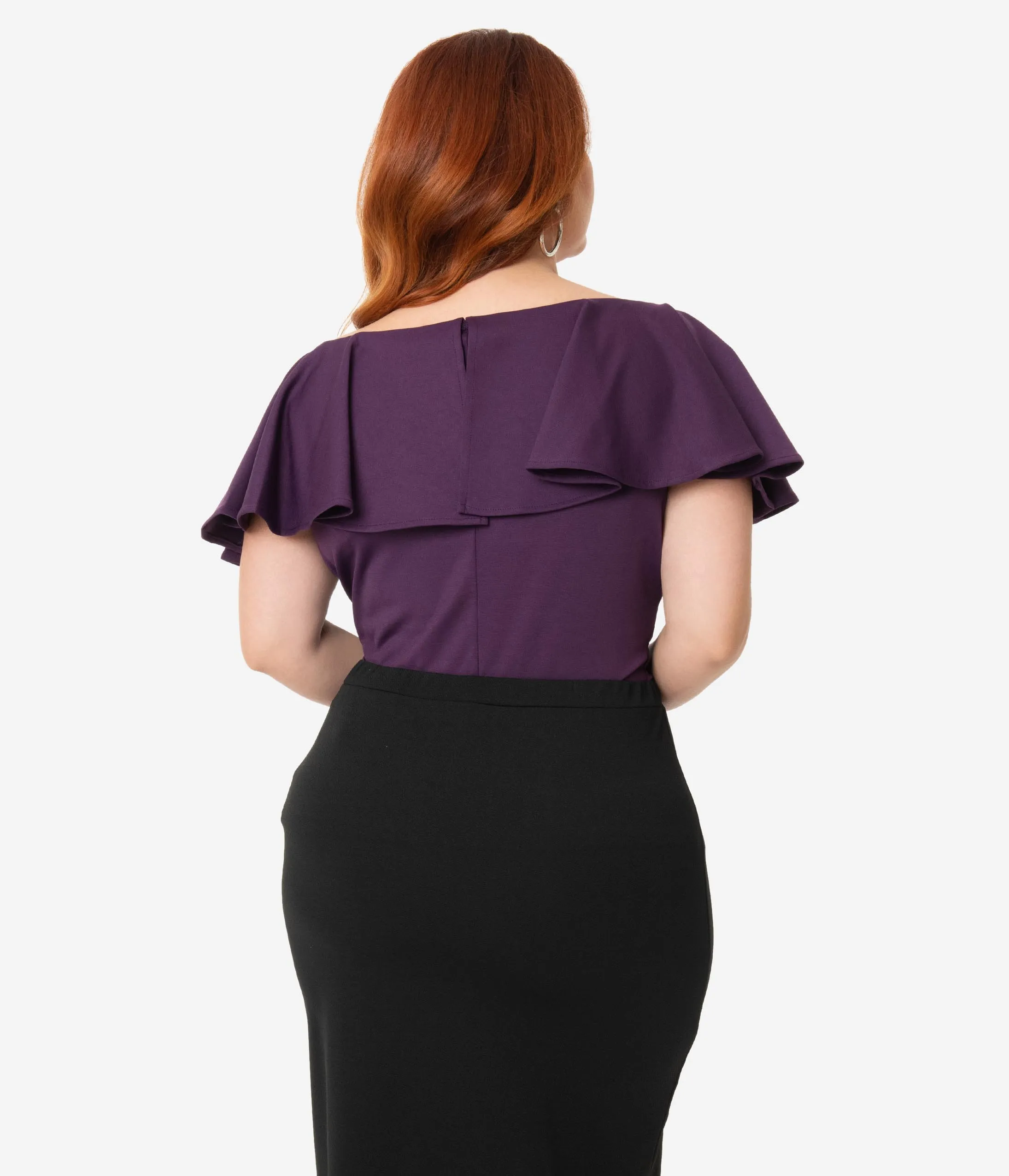 Unique Vintage Plus Size 1950s Purple Off Shoulder Ruffle Frenchie Top