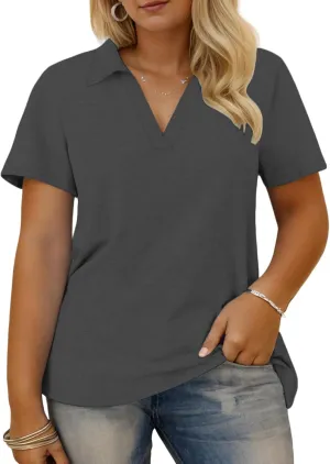 VISLILY Plus-Size-Summer-Tops for Women Collared V Neck Polo Shirts Flowy Tunics Trendy Short Sleeve Blouses 1X-5X