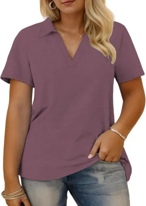 VISLILY Plus-Size-Summer-Tops for Women Collared V Neck Polo Shirts Flowy Tunics Trendy Short Sleeve Blouses 1X-5X