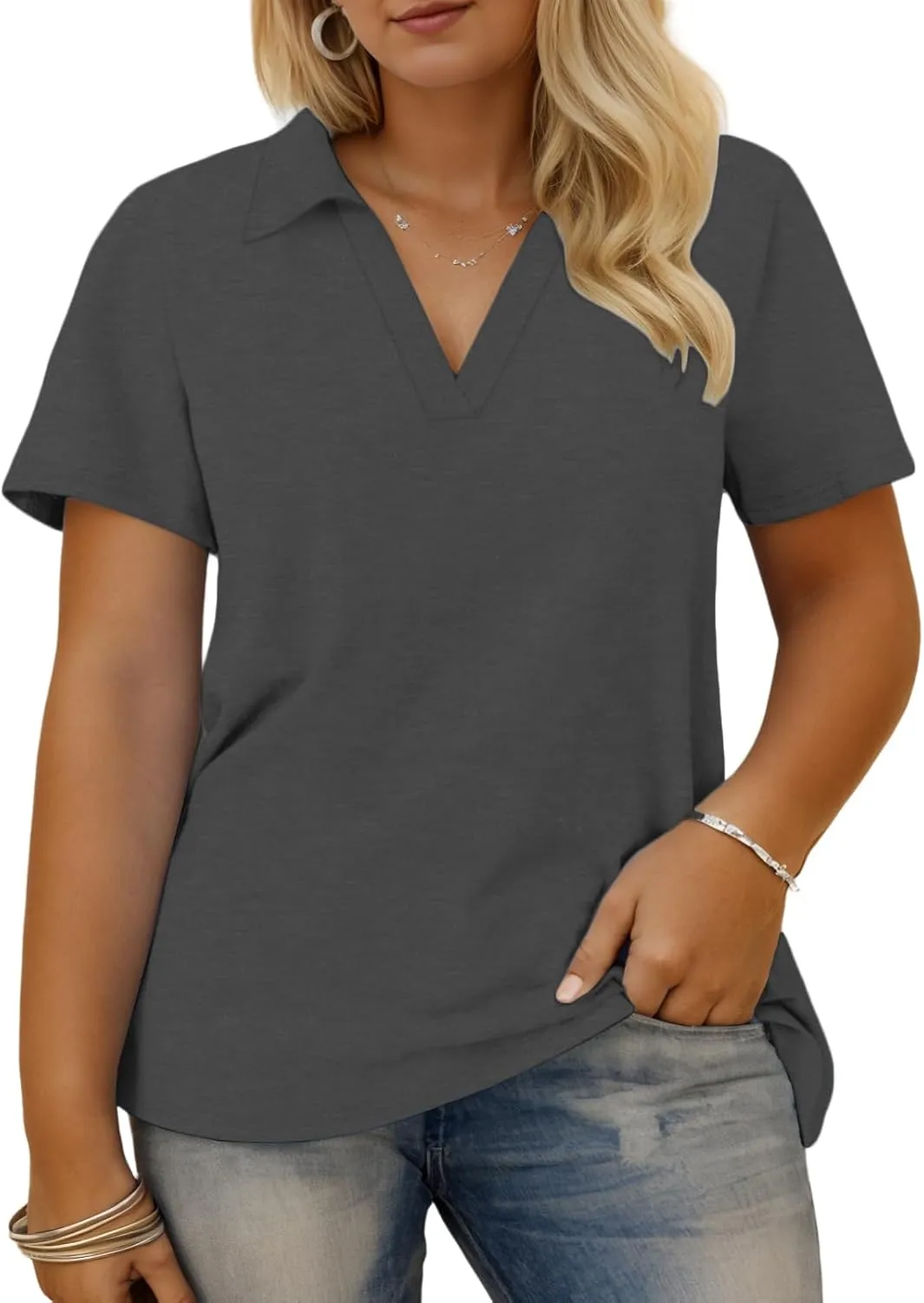 VISLILY Plus-Size-Summer-Tops for Women Collared V Neck Polo Shirts Flowy Tunics Trendy Short Sleeve Blouses 1X-5X