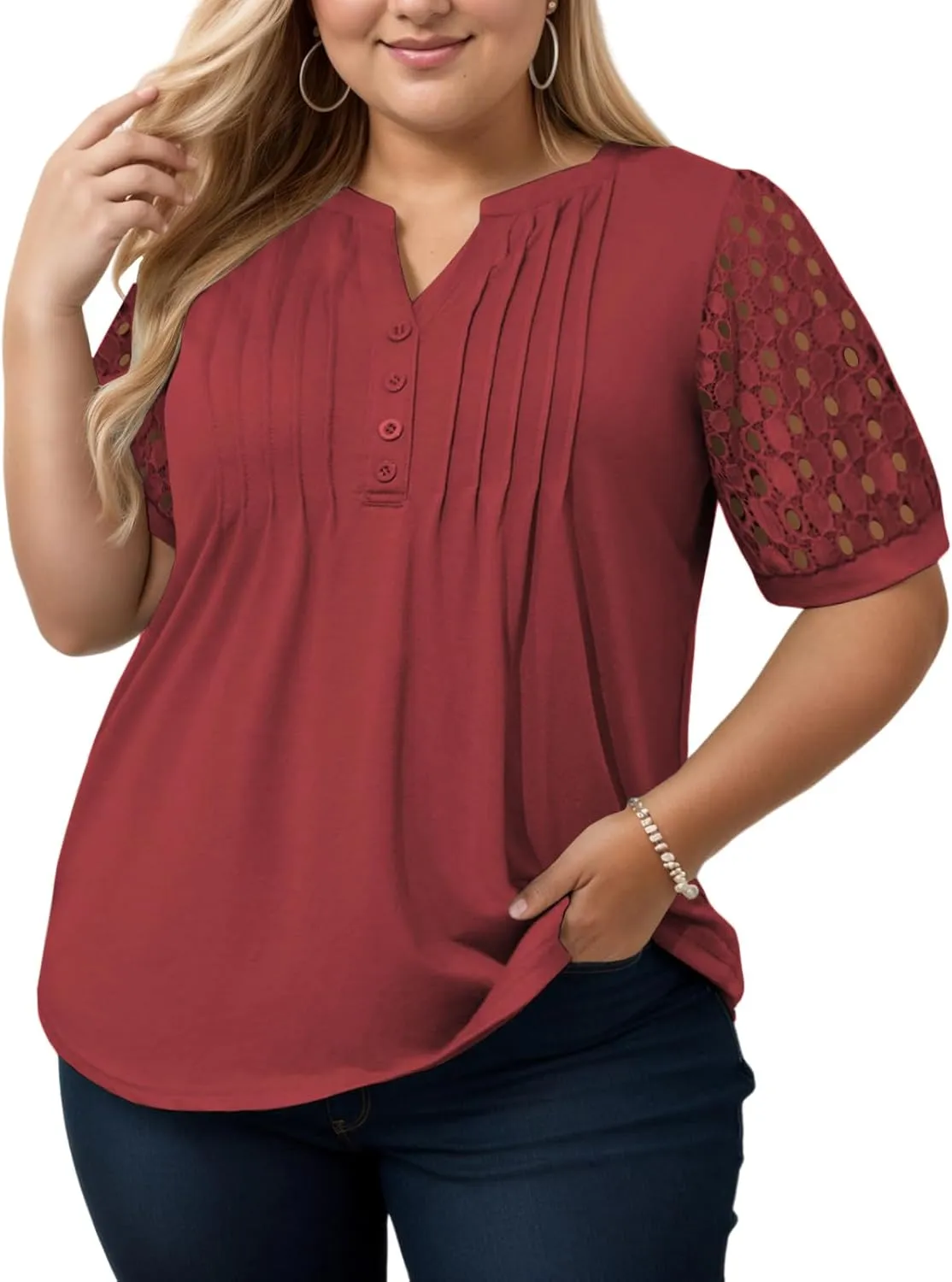 VISLILY Plus-Size-Womens-Summer-Tops Cute Henley V Neck T Shirts Dressy Lace Short Sleeve Blouse Trendy Casual Pleated Tunics