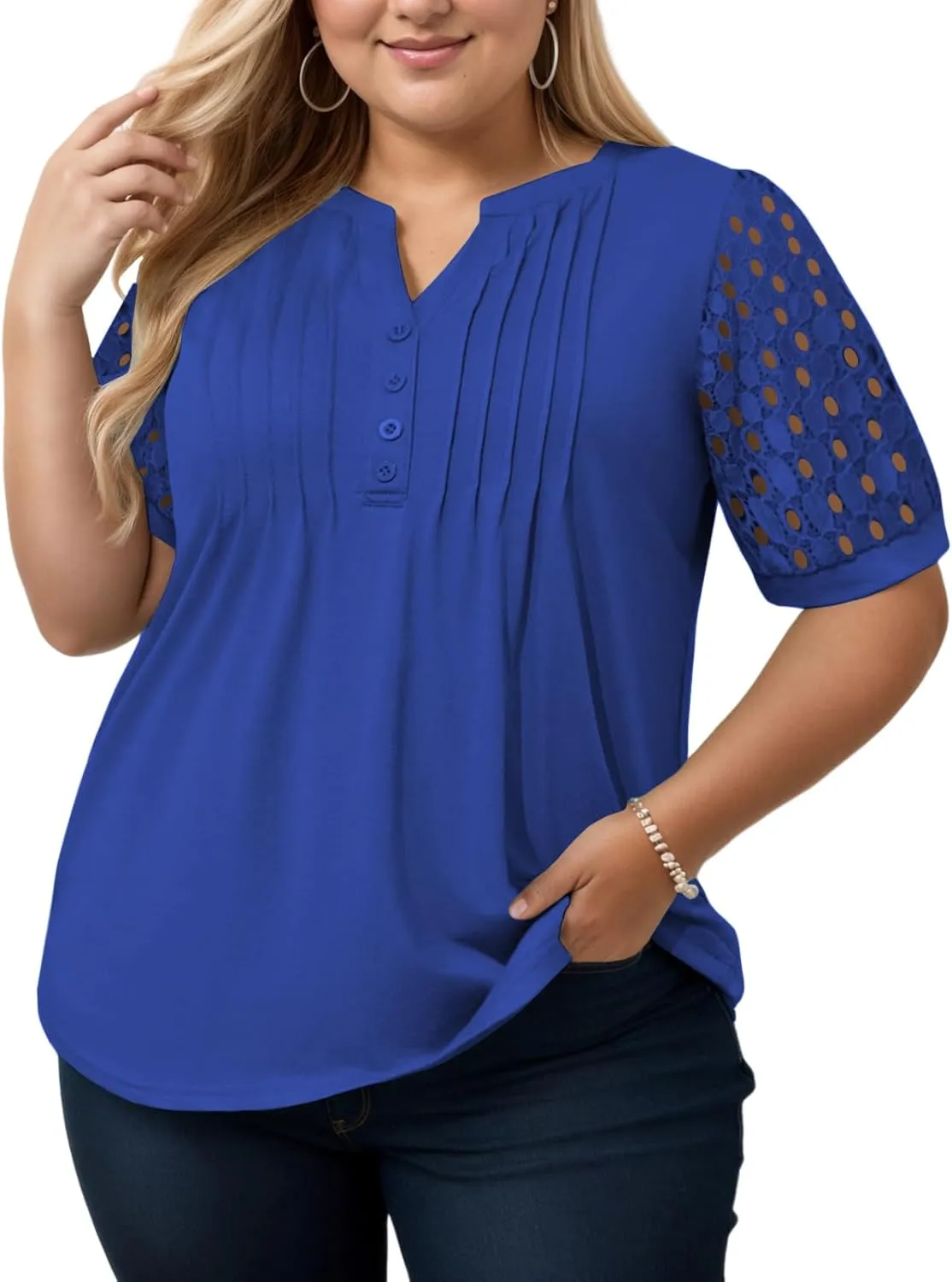 VISLILY Plus-Size-Womens-Summer-Tops Cute Henley V Neck T Shirts Dressy Lace Short Sleeve Blouse Trendy Casual Pleated Tunics