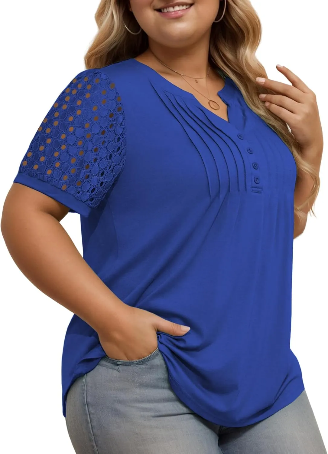 VISLILY Plus-Size-Womens-Summer-Tops Cute Henley V Neck T Shirts Dressy Lace Short Sleeve Blouse Trendy Casual Pleated Tunics