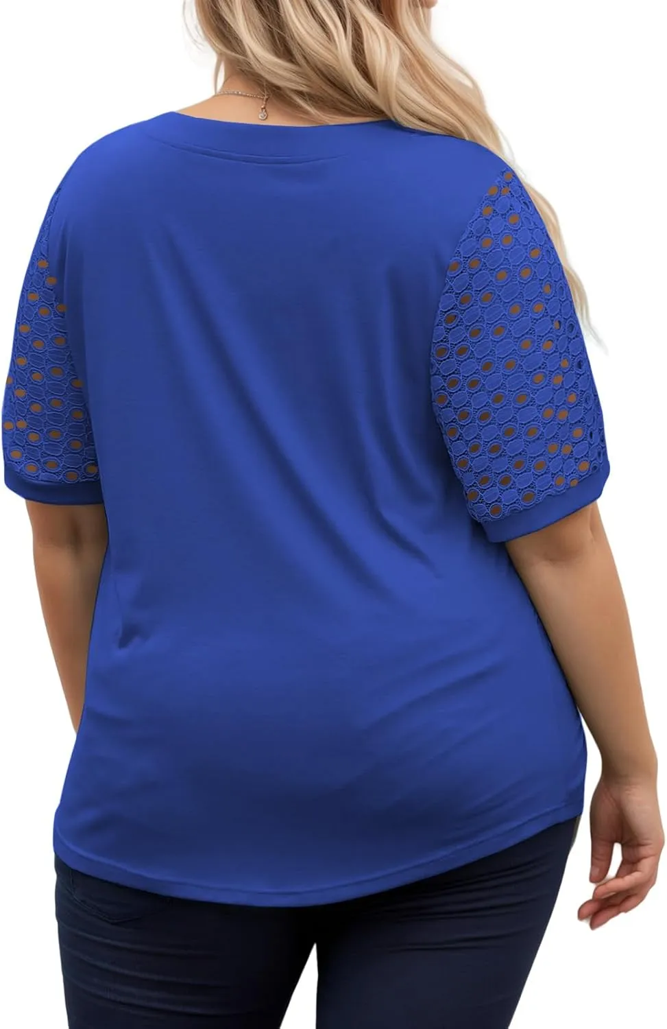 VISLILY Plus-Size-Womens-Summer-Tops Cute Henley V Neck T Shirts Dressy Lace Short Sleeve Blouse Trendy Casual Pleated Tunics