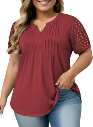 VISLILY Plus-Size-Womens-Summer-Tops Cute Henley V Neck T Shirts Dressy Lace Short Sleeve Blouse Trendy Casual Pleated Tunics