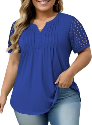 VISLILY Plus-Size-Womens-Summer-Tops Cute Henley V Neck T Shirts Dressy Lace Short Sleeve Blouse Trendy Casual Pleated Tunics