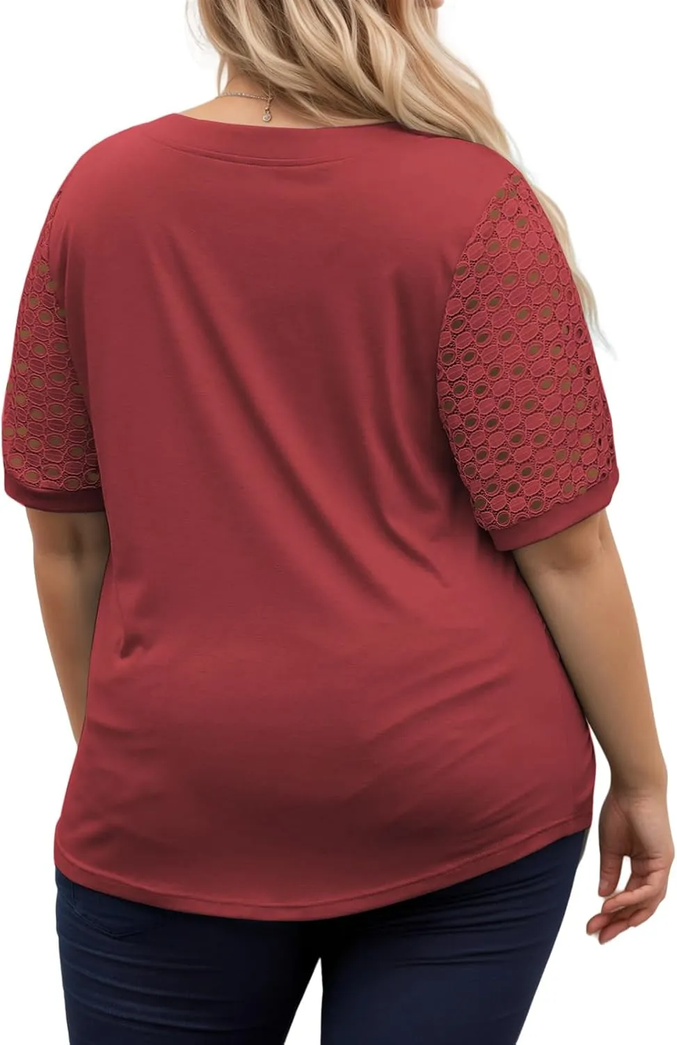 VISLILY Plus-Size-Womens-Summer-Tops Cute Henley V Neck T Shirts Dressy Lace Short Sleeve Blouse Trendy Casual Pleated Tunics
