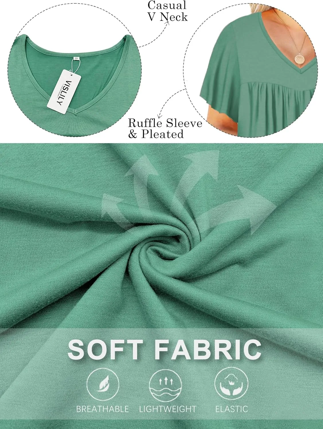 VISLILY Womens-Plus-Size-Summer-Tops 2025 Pleated V Neck T Shirts Short Sleeve Blouses Ruffle Flowy Tunics XL-5XL