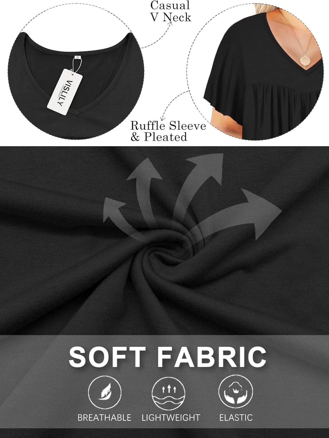 VISLILY Womens-Plus-Size-Summer-Tops 2025 Pleated V Neck T Shirts Short Sleeve Blouses Ruffle Flowy Tunics XL-5XL