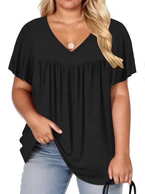 VISLILY Womens-Plus-Size-Summer-Tops 2025 Pleated V Neck T Shirts Short Sleeve Blouses Ruffle Flowy Tunics XL-5XL