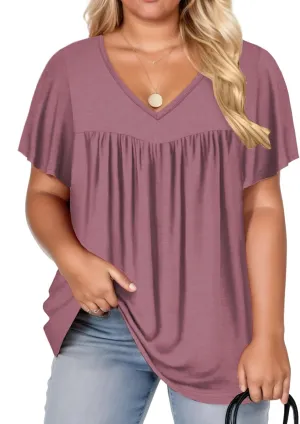 VISLILY Womens-Plus-Size-Summer-Tops 2025 Pleated V Neck T Shirts Short Sleeve Blouses Ruffle Flowy Tunics XL-5XL