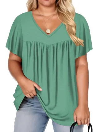 VISLILY Womens-Plus-Size-Summer-Tops 2025 Pleated V Neck T Shirts Short Sleeve Blouses Ruffle Flowy Tunics XL-5XL