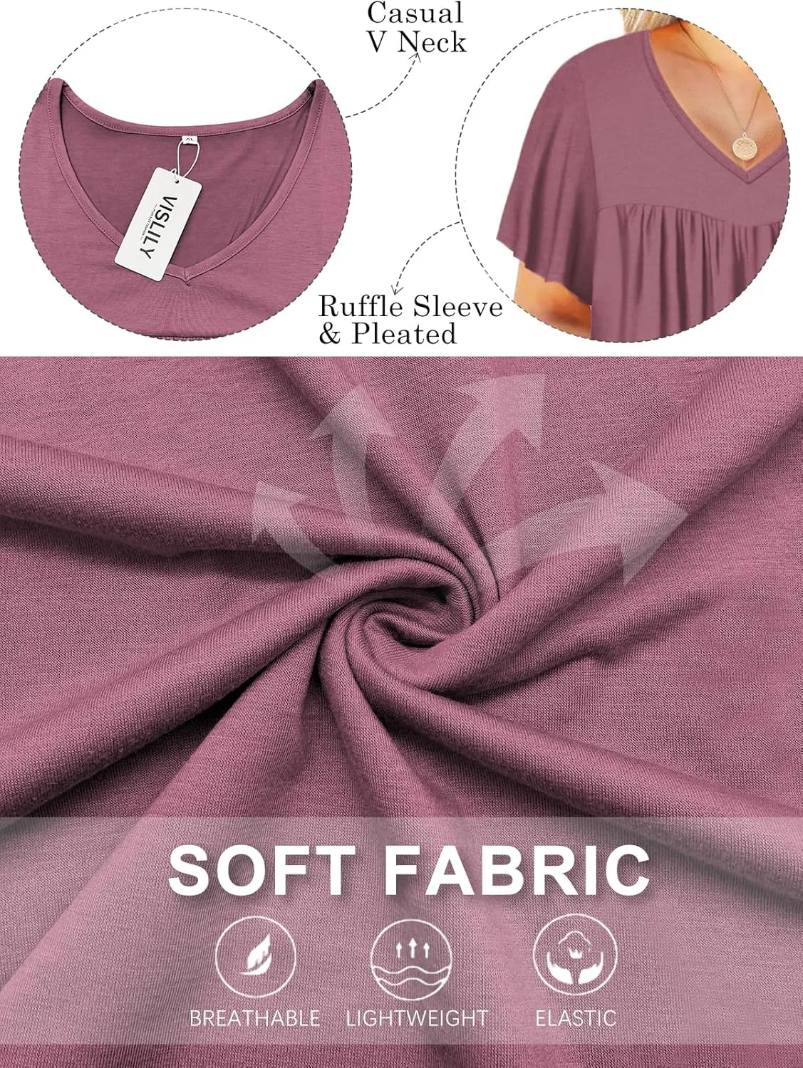 VISLILY Womens-Plus-Size-Summer-Tops 2025 Pleated V Neck T Shirts Short Sleeve Blouses Ruffle Flowy Tunics XL-5XL