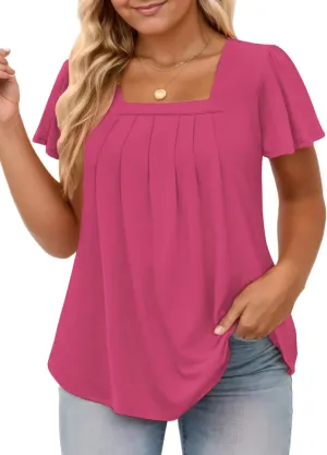 VISLILY Womens-Plus-Size-Summer-Tops Casual Ruffle Sleeve T Shirts Trendy Square Neck Tunics Loose Comfy Pleated Tees