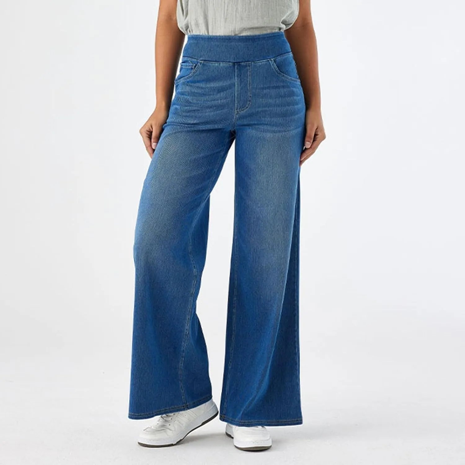 Wide Leg Jeans for Women Elastic High Waisted Trendy Straight Leg Denim Pants Baggy Pull On Jeans for Women