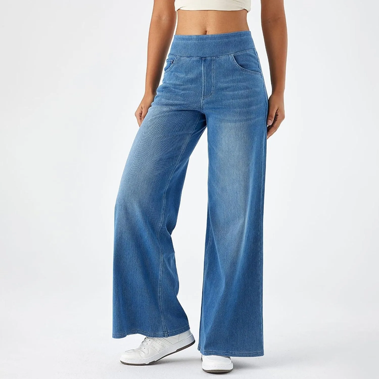 Wide Leg Jeans for Women Elastic High Waisted Trendy Straight Leg Denim Pants Baggy Pull On Jeans for Women