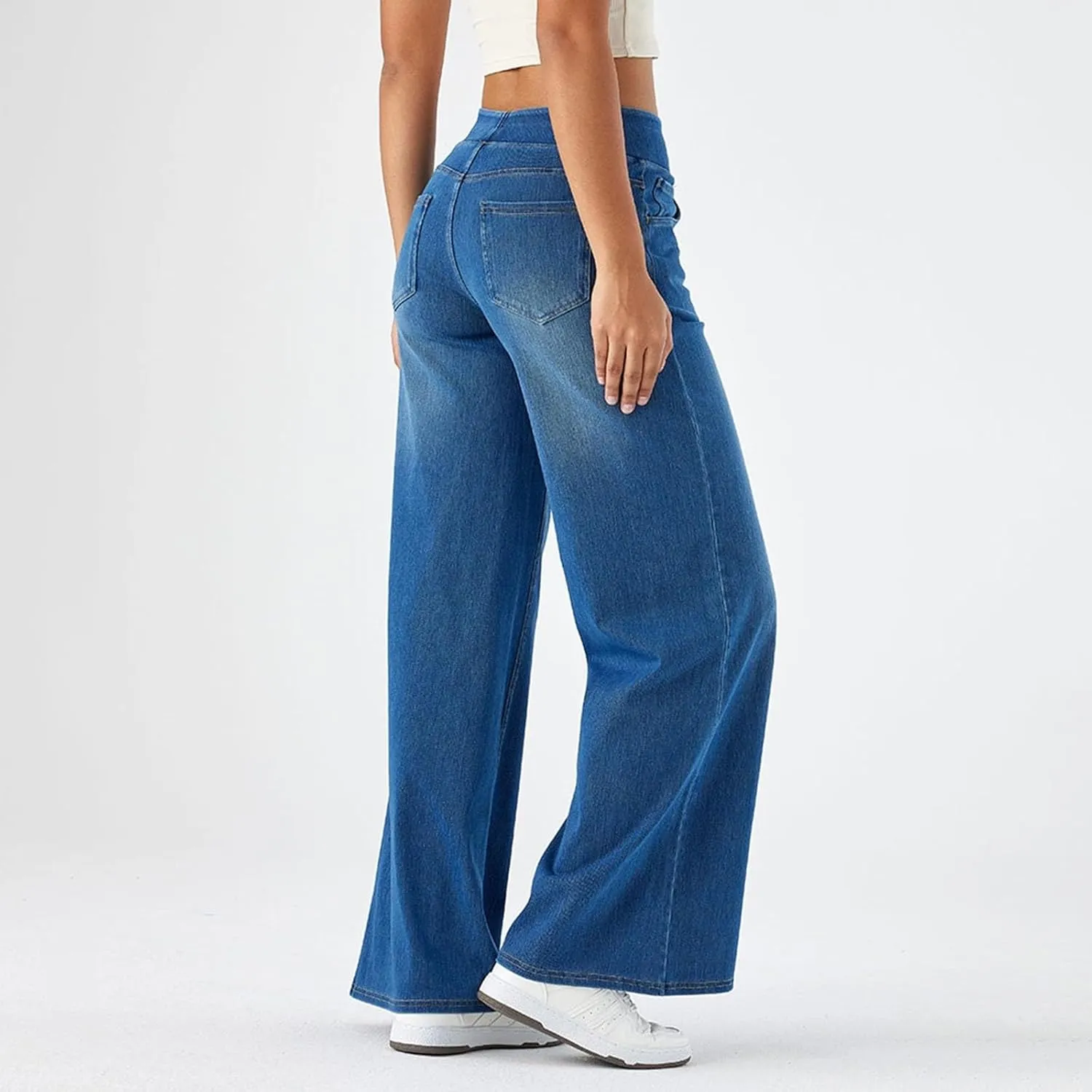 Wide Leg Jeans for Women Elastic High Waisted Trendy Straight Leg Denim Pants Baggy Pull On Jeans for Women
