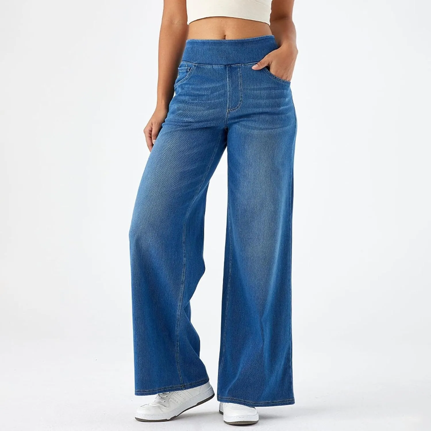 Wide Leg Jeans for Women Elastic High Waisted Trendy Straight Leg Denim Pants Baggy Pull On Jeans for Women