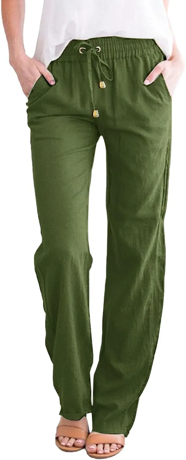 Wide Leg Linen Pants for Women Plus Size High Elastic Waist Baggy Cotton Pants with Pockets Stretch Casual Summer Trousers