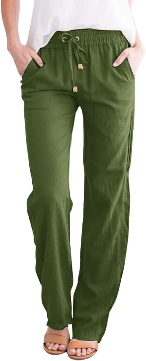 Wide Leg Linen Pants for Women Plus Size High Elastic Waist Baggy Cotton Pants with Pockets Stretch Casual Summer Trousers