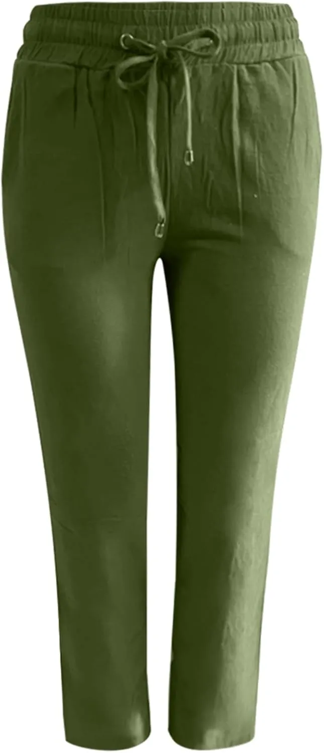 Wide Leg Linen Pants for Women Plus Size High Elastic Waist Baggy Cotton Pants with Pockets Stretch Casual Summer Trousers