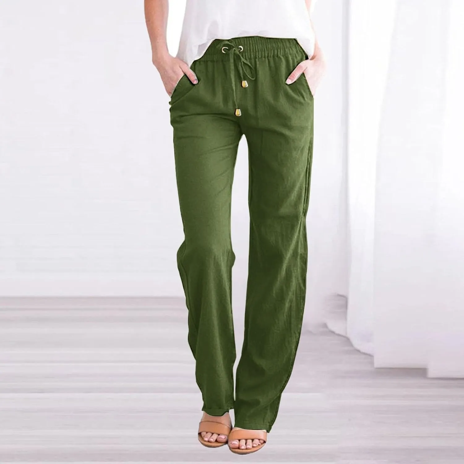 Wide Leg Linen Pants for Women Plus Size High Elastic Waist Baggy Cotton Pants with Pockets Stretch Casual Summer Trousers
