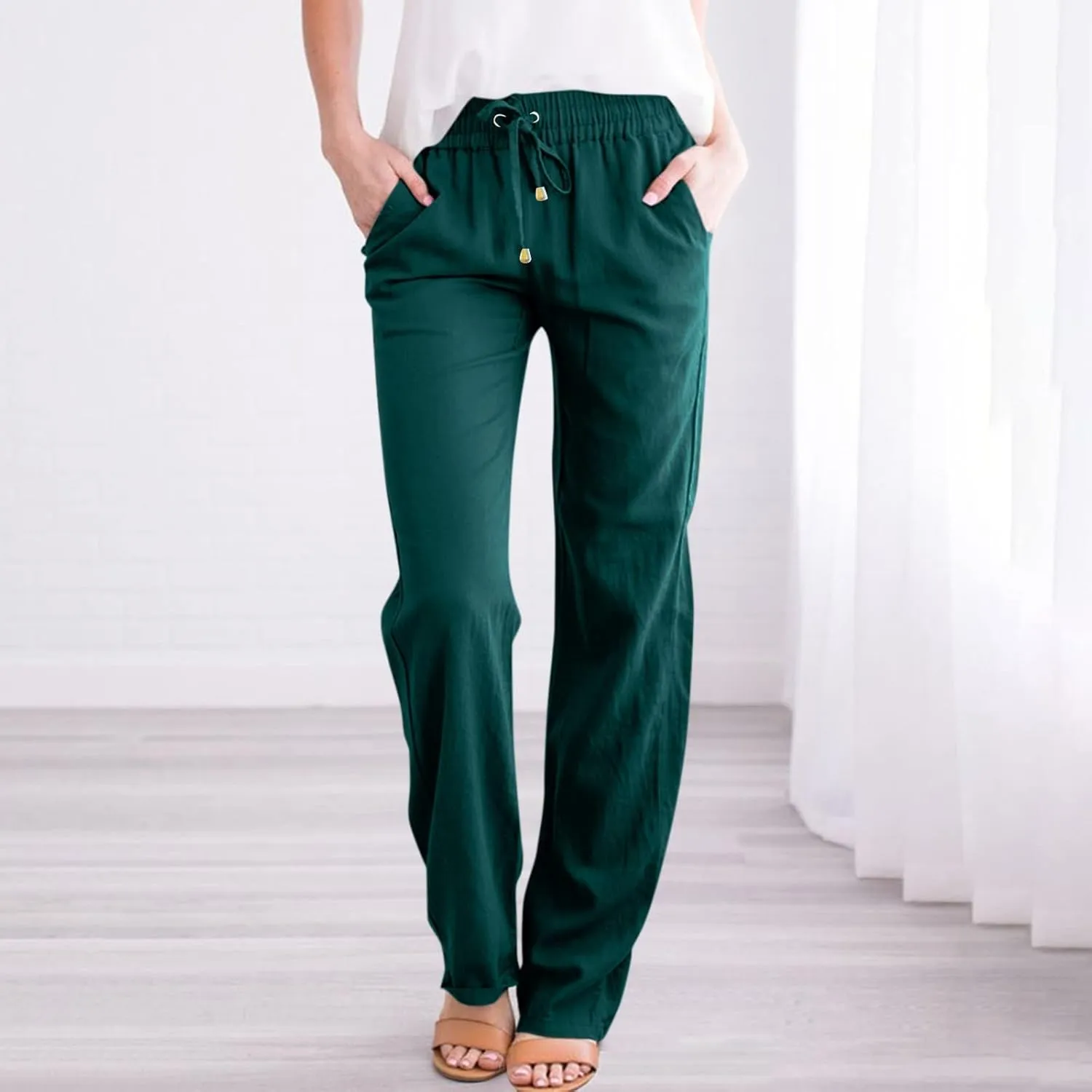 Wide Leg Linen Pants Women Summer Casual Lightweight Elastic High Waisted Lounge Pants Loose Fit Beach Pants