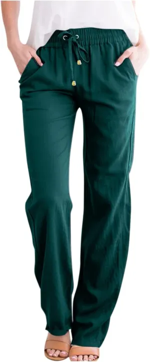 Wide Leg Linen Pants Women Summer Casual Lightweight Elastic High Waisted Lounge Pants Loose Fit Beach Pants