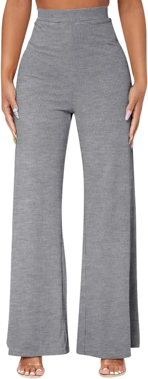 Wide Leg Pants for Women Elastic High Waist Tummy Control Lounge Slacks Solid Color Palazzo Trousers