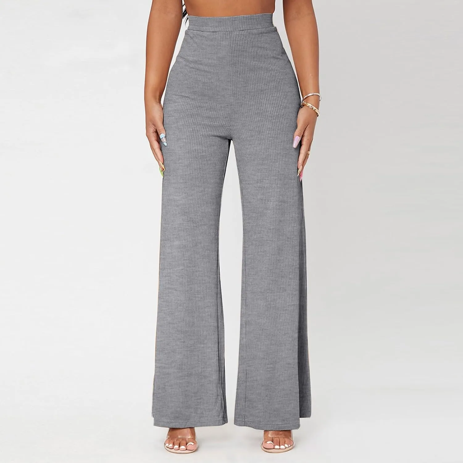 Wide Leg Pants for Women Elastic High Waist Tummy Control Lounge Slacks Solid Color Palazzo Trousers