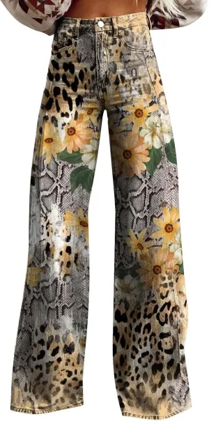 Wide Leg Pants Woman High Waist Floral Patterned Pants Lightweight Loose Fit Casual Colorful Trouser Imitation Jean