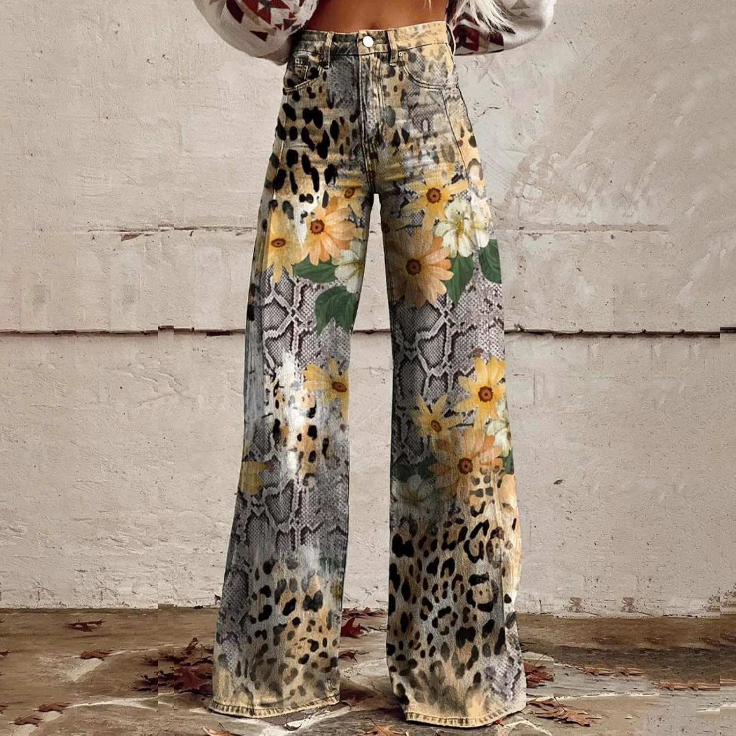 Wide Leg Pants Woman High Waist Floral Patterned Pants Lightweight Loose Fit Casual Colorful Trouser Imitation Jean