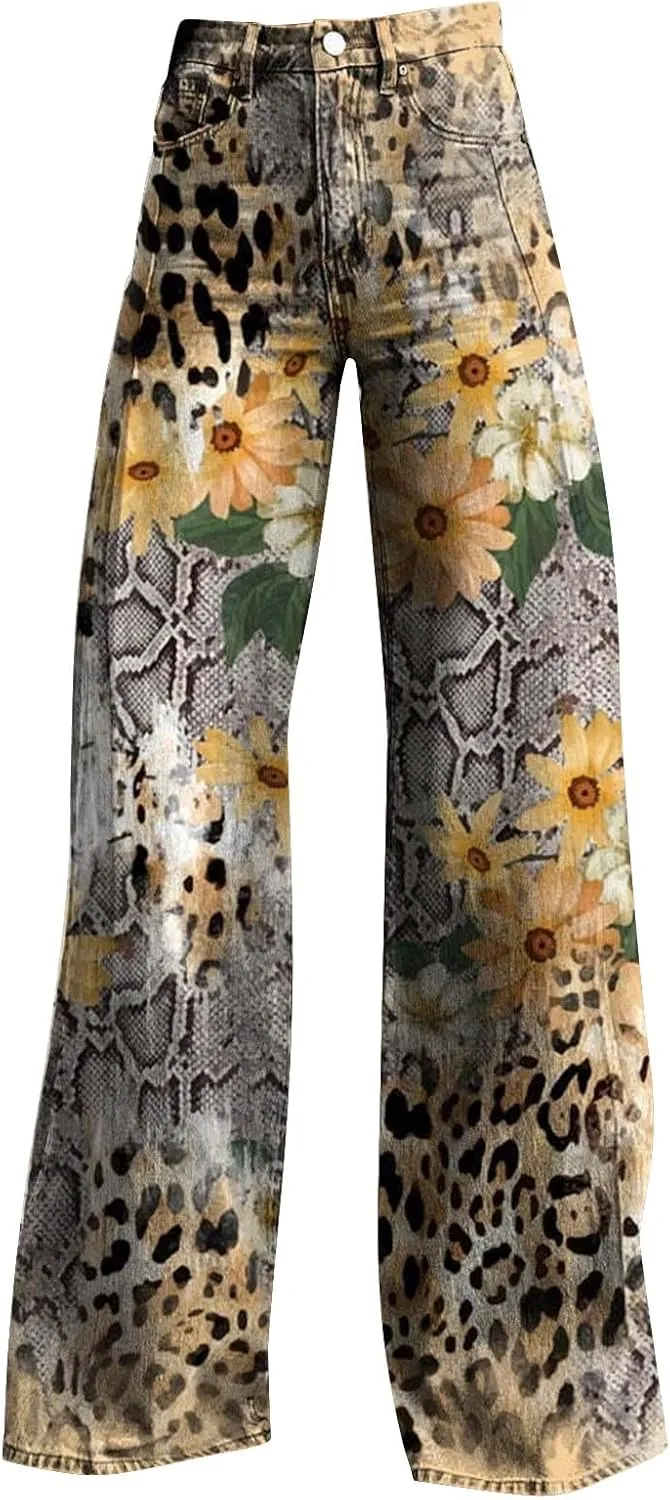 Wide Leg Pants Woman High Waist Floral Patterned Pants Lightweight Loose Fit Casual Colorful Trouser Imitation Jean
