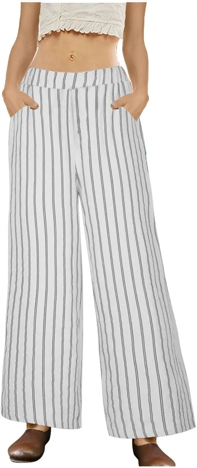 Wide Leg Pants Womans Summer Palazzo Capri Culottes for Women Linen Striped Print Vintage Baggy Beach Cropped Trousers