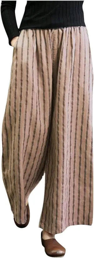 Wide Leg Pants Womans Summer Palazzo Capri Culottes for Women Linen Striped Print Vintage Baggy Beach Cropped Trousers