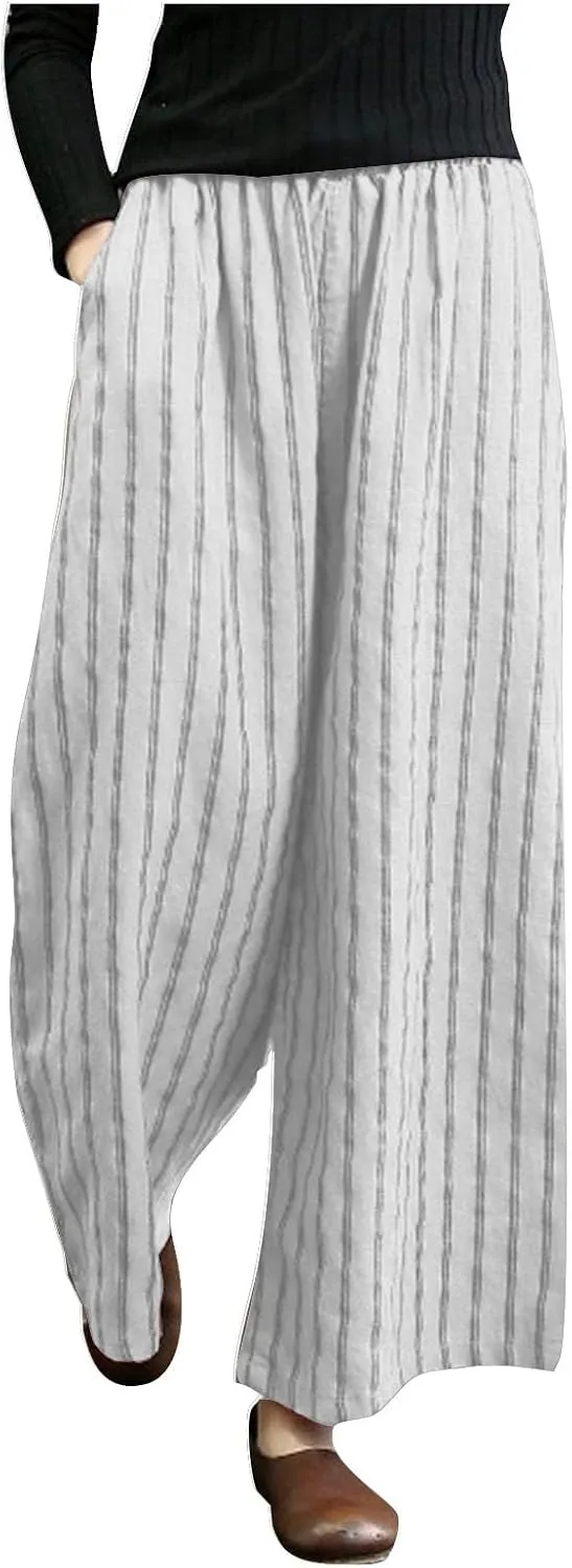 Wide Leg Pants Womans Summer Palazzo Capri Culottes for Women Linen Striped Print Vintage Baggy Beach Cropped Trousers