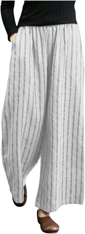Wide Leg Pants Womans Summer Palazzo Capri Culottes for Women Linen Striped Print Vintage Baggy Beach Cropped Trousers
