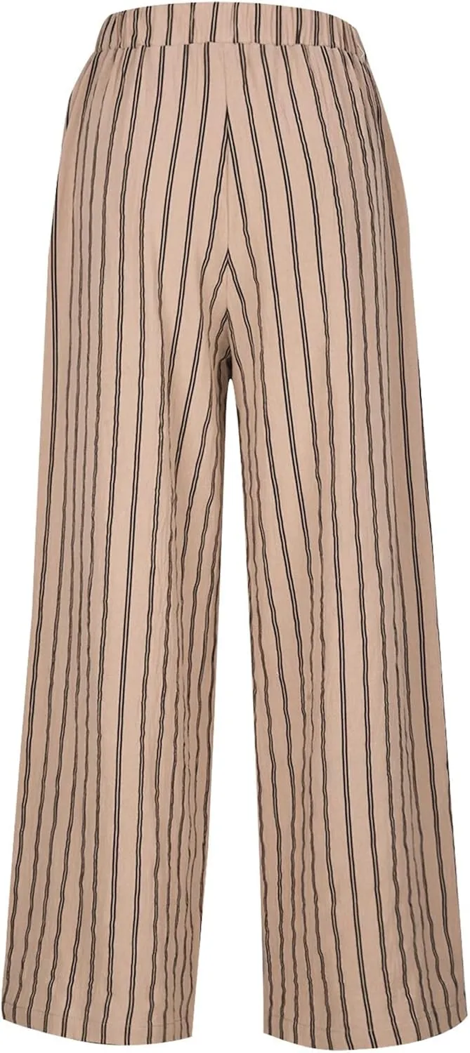 Wide Leg Pants Womans Summer Palazzo Capri Culottes for Women Linen Striped Print Vintage Baggy Beach Cropped Trousers