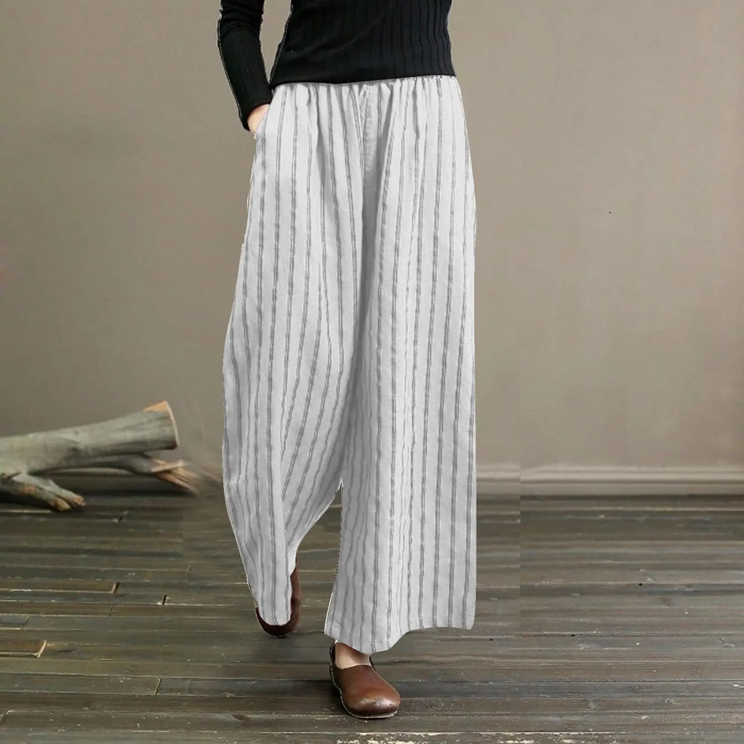 Wide Leg Pants Womans Summer Palazzo Capri Culottes for Women Linen Striped Print Vintage Baggy Beach Cropped Trousers