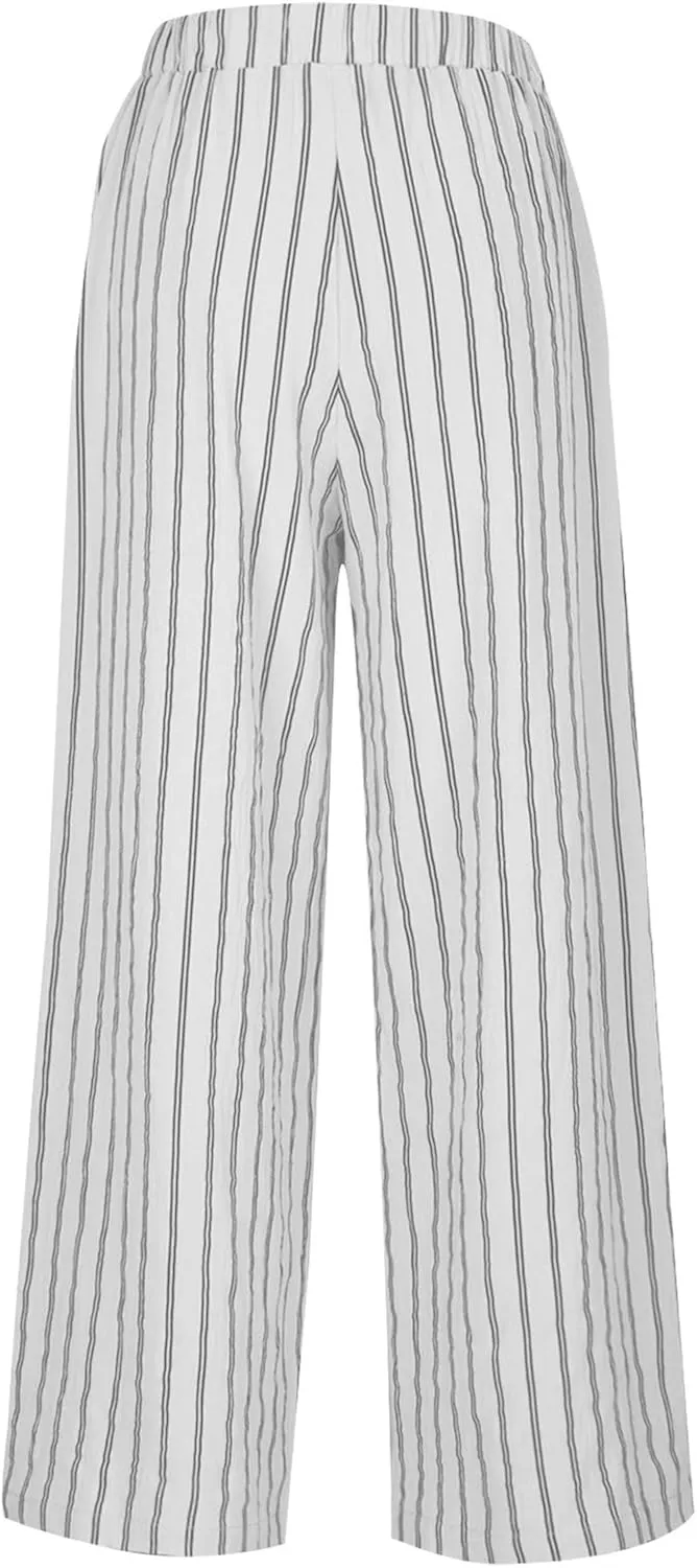 Wide Leg Pants Womans Summer Palazzo Capri Culottes for Women Linen Striped Print Vintage Baggy Beach Cropped Trousers