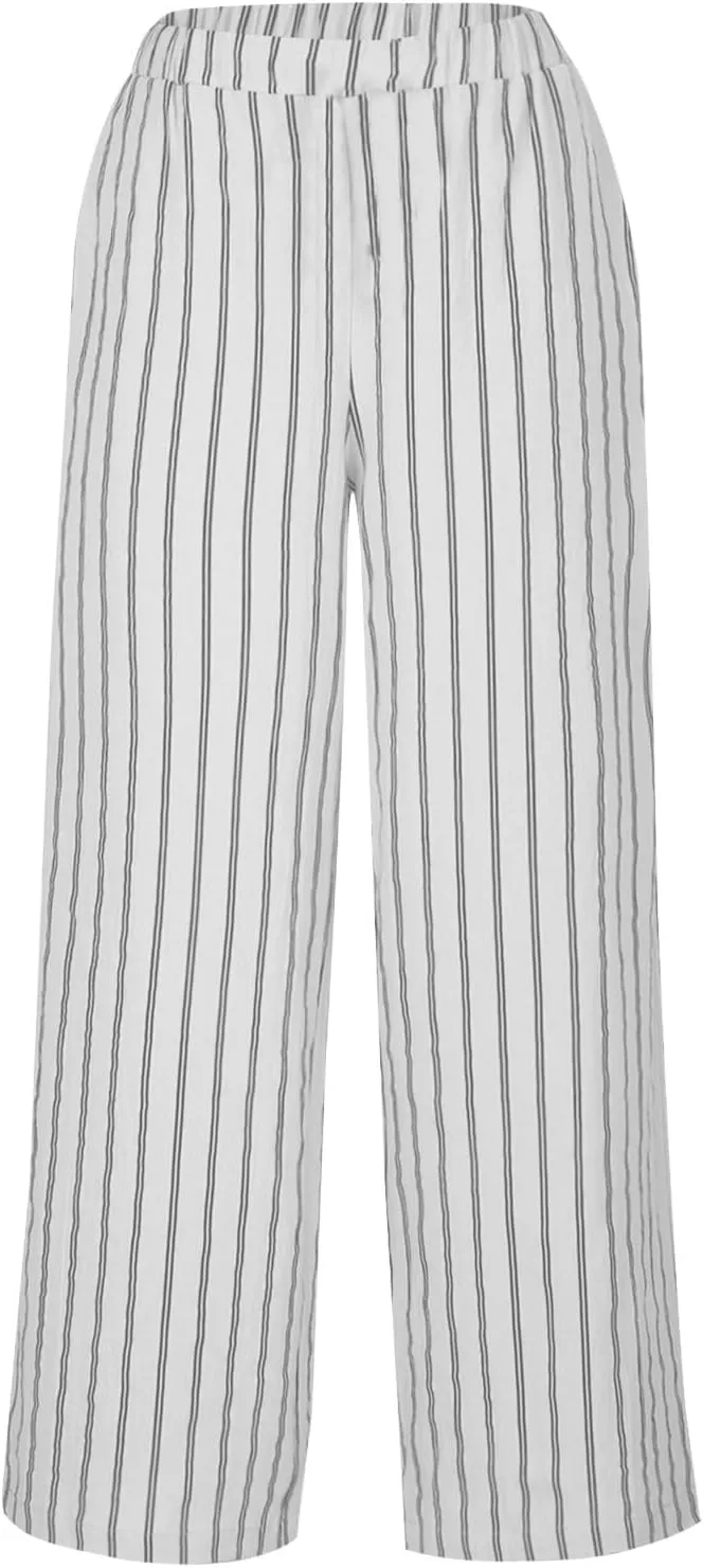 Wide Leg Pants Womans Summer Palazzo Capri Culottes for Women Linen Striped Print Vintage Baggy Beach Cropped Trousers