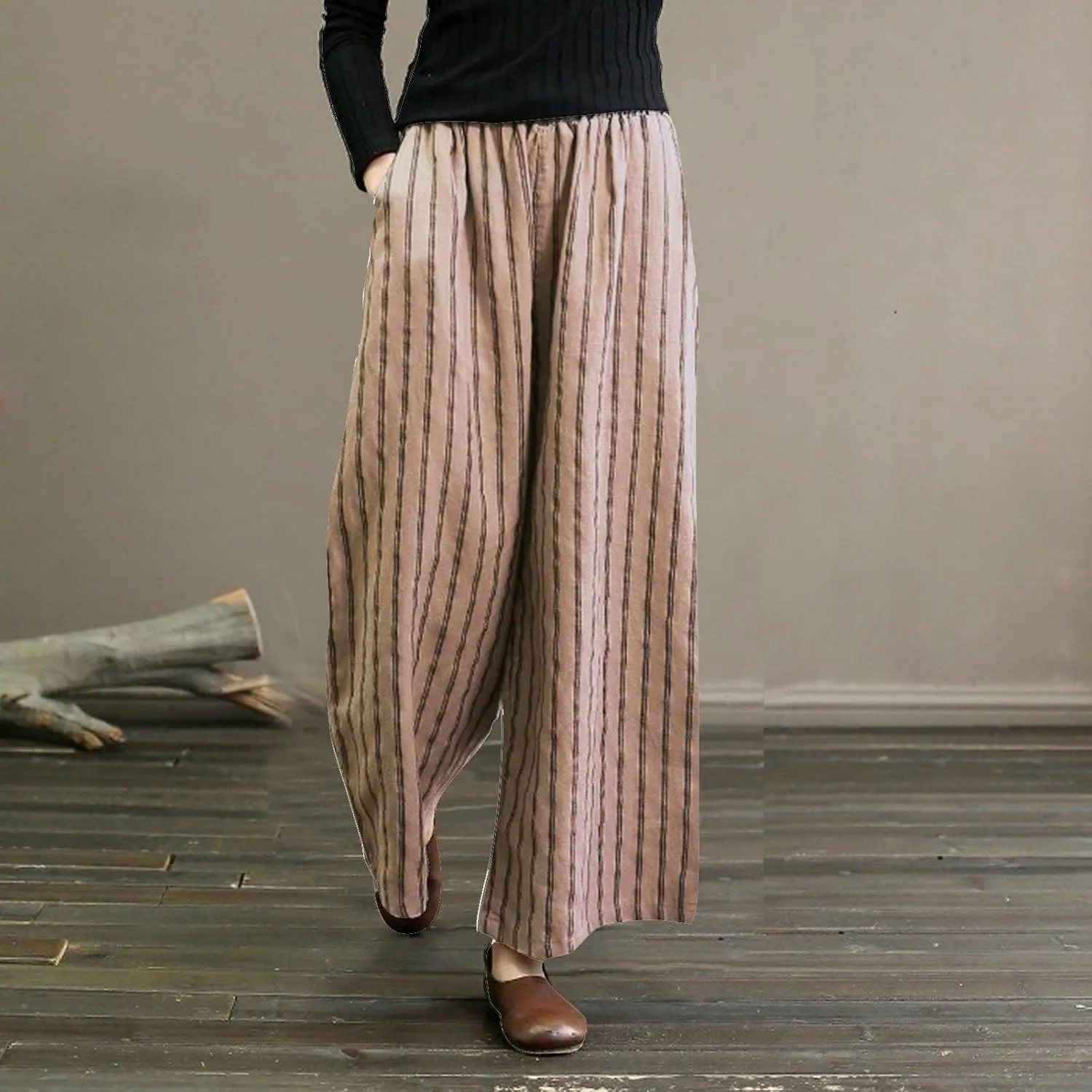 Wide Leg Pants Womans Summer Palazzo Capri Culottes for Women Linen Striped Print Vintage Baggy Beach Cropped Trousers