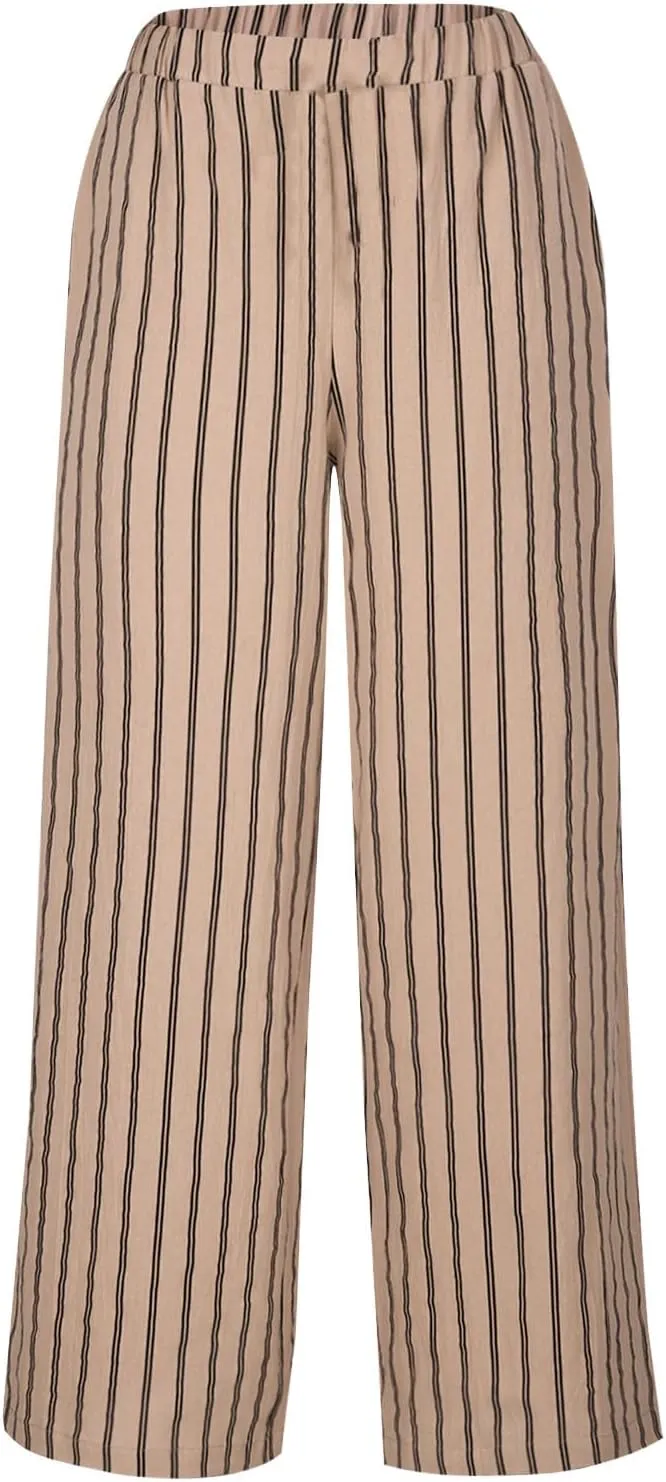 Wide Leg Pants Womans Summer Palazzo Capri Culottes for Women Linen Striped Print Vintage Baggy Beach Cropped Trousers