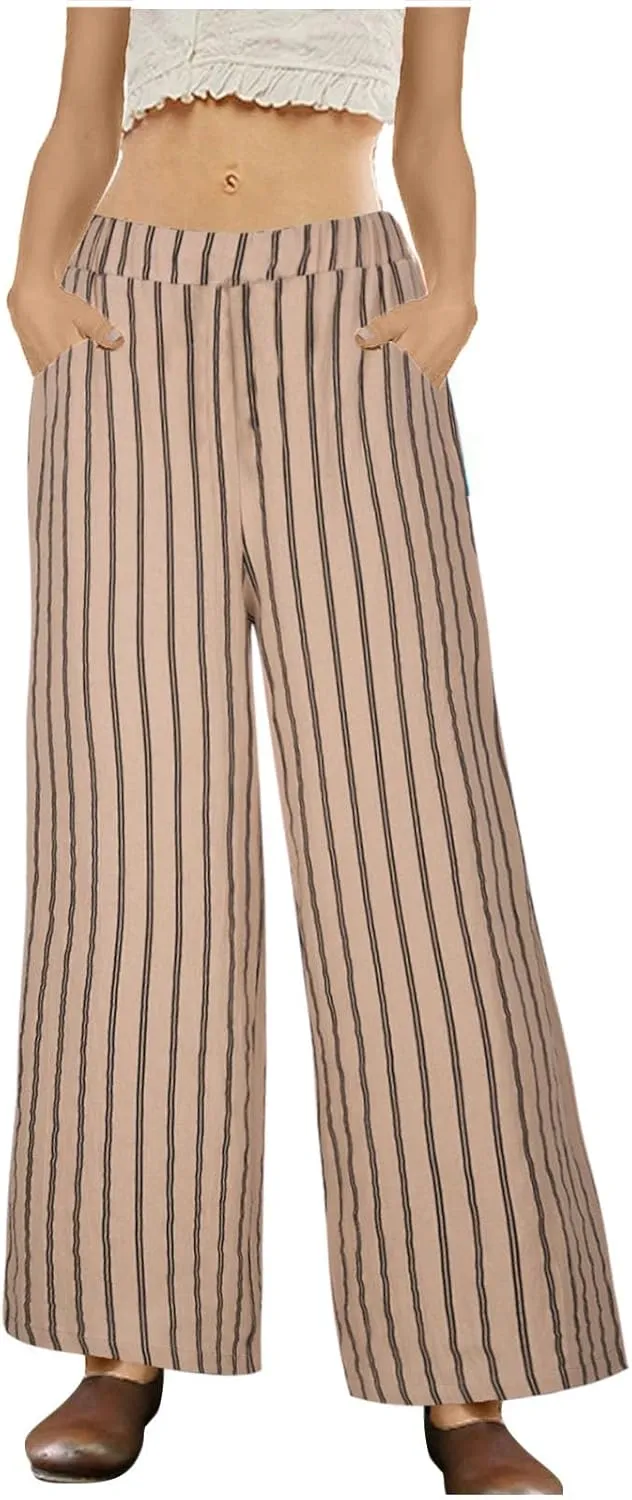 Wide Leg Pants Womans Summer Palazzo Capri Culottes for Women Linen Striped Print Vintage Baggy Beach Cropped Trousers