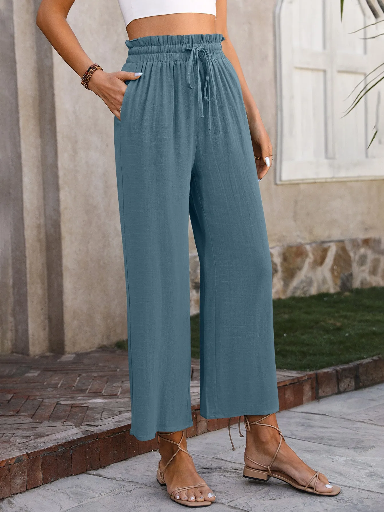 Women Clothing Spring Summer Casual Solid Color Loose Cotton Linen High Waist Wide Leg Trousers Women