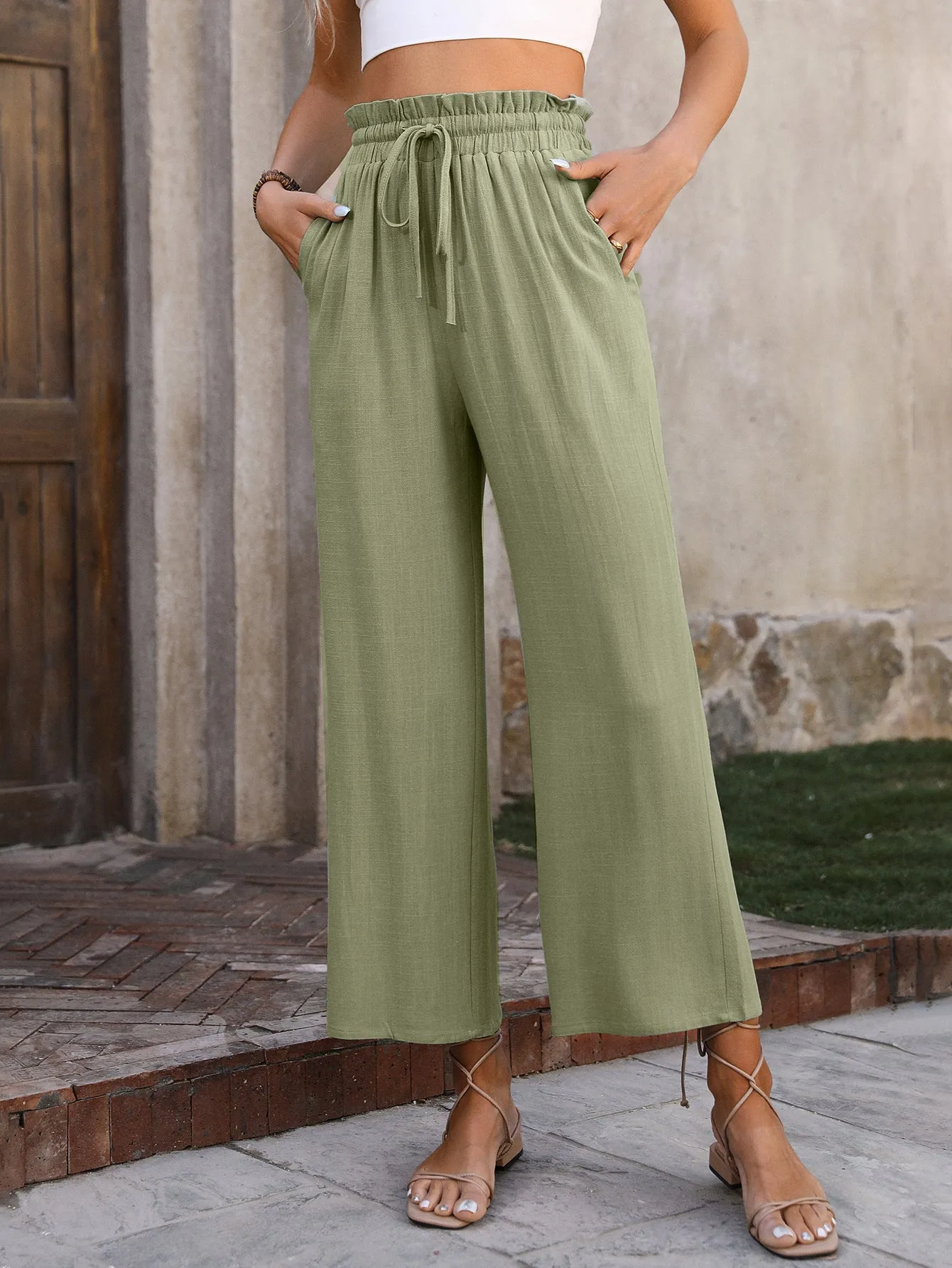 Women Clothing Spring Summer Casual Solid Color Loose Cotton Linen High Waist Wide Leg Trousers Women
