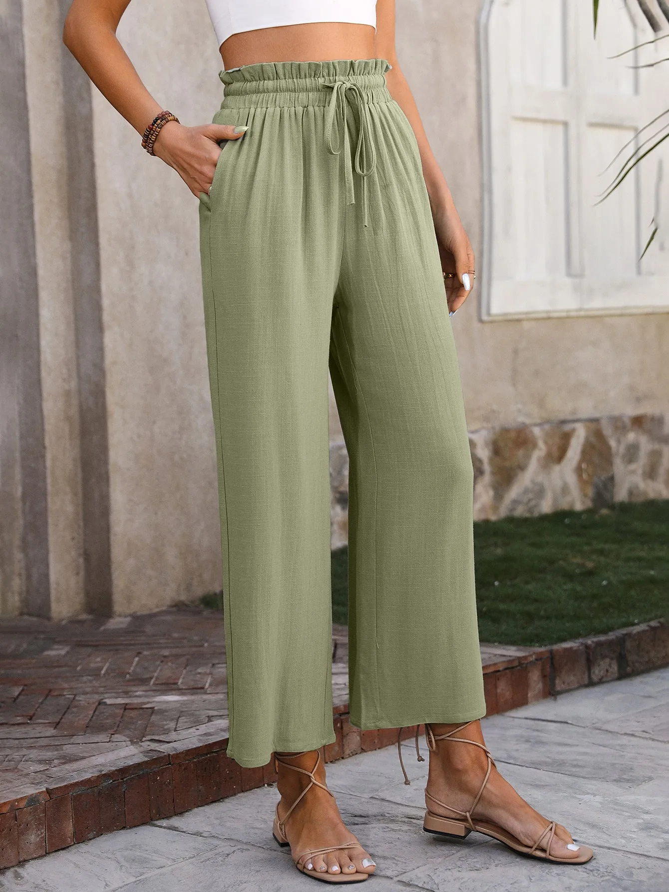 Women Clothing Spring Summer Casual Solid Color Loose Cotton Linen High Waist Wide Leg Trousers Women