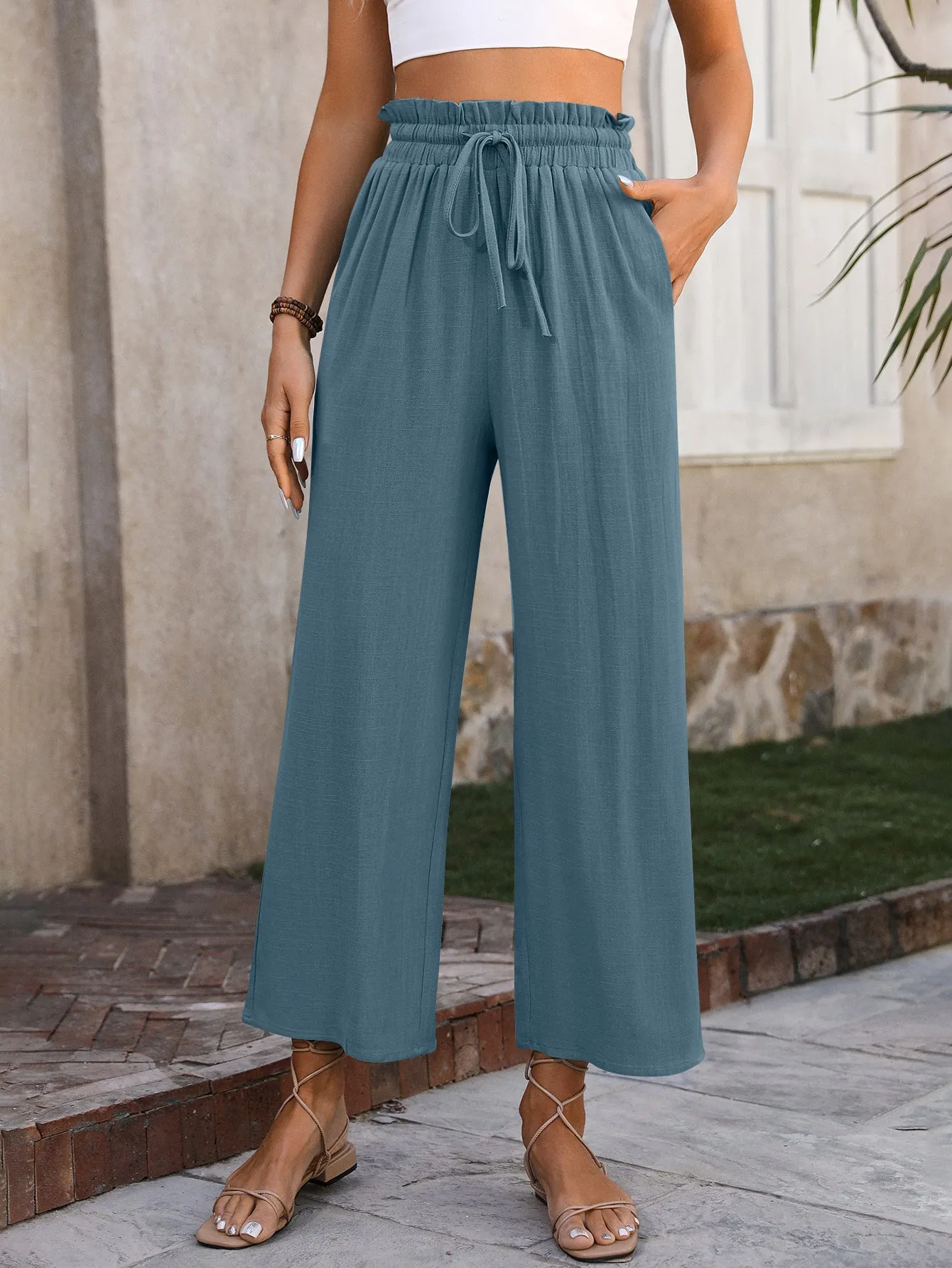 Women Clothing Spring Summer Casual Solid Color Loose Cotton Linen High Waist Wide Leg Trousers Women