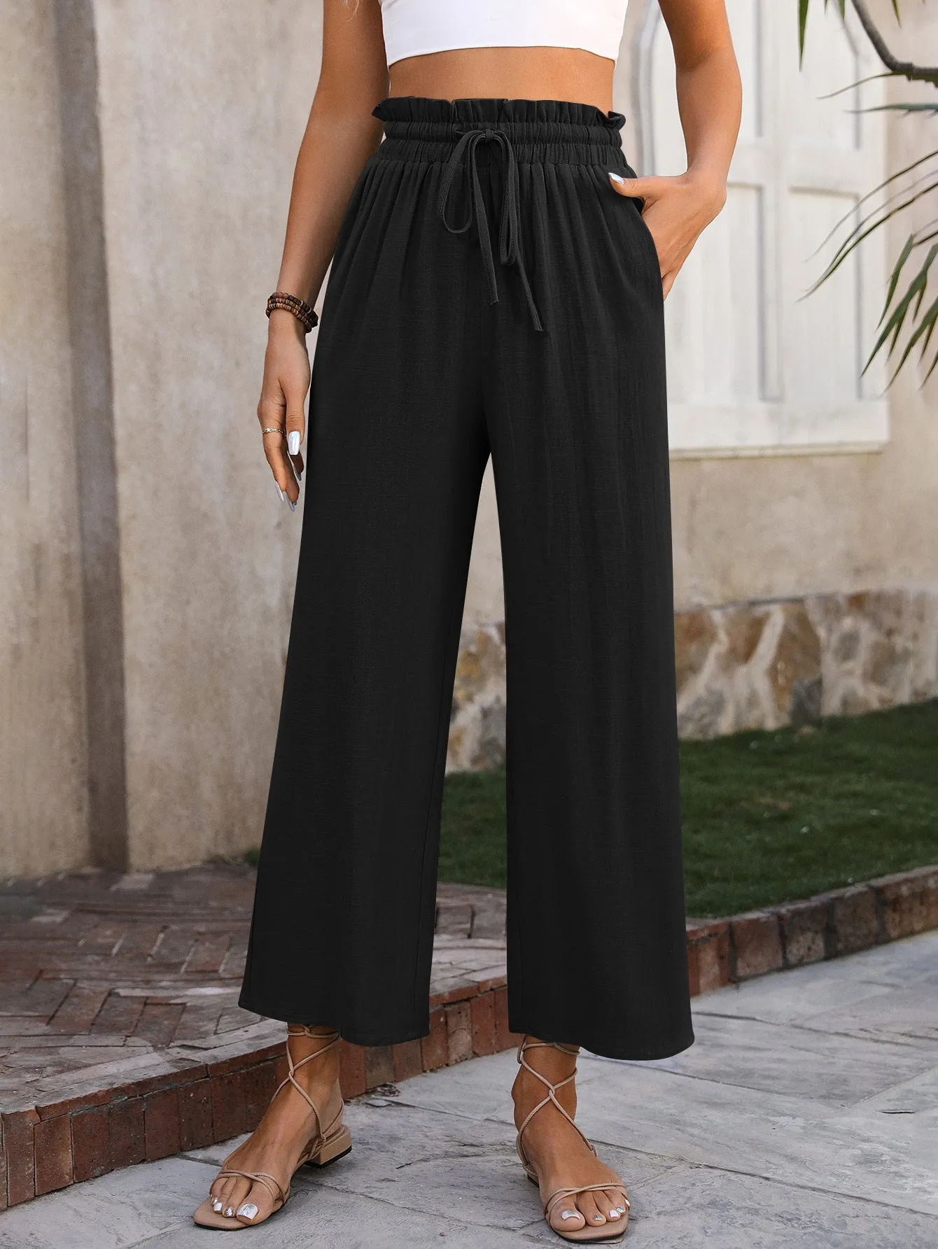 Women Clothing Spring Summer Casual Solid Color Loose Cotton Linen High Waist Wide Leg Trousers Women